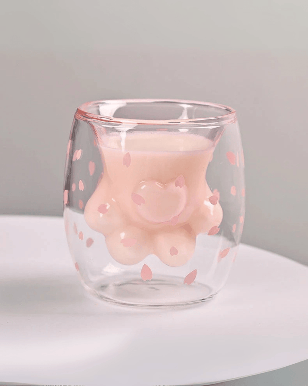 Double-Layered Cat Paw Glass Mug Sakura Petal Design