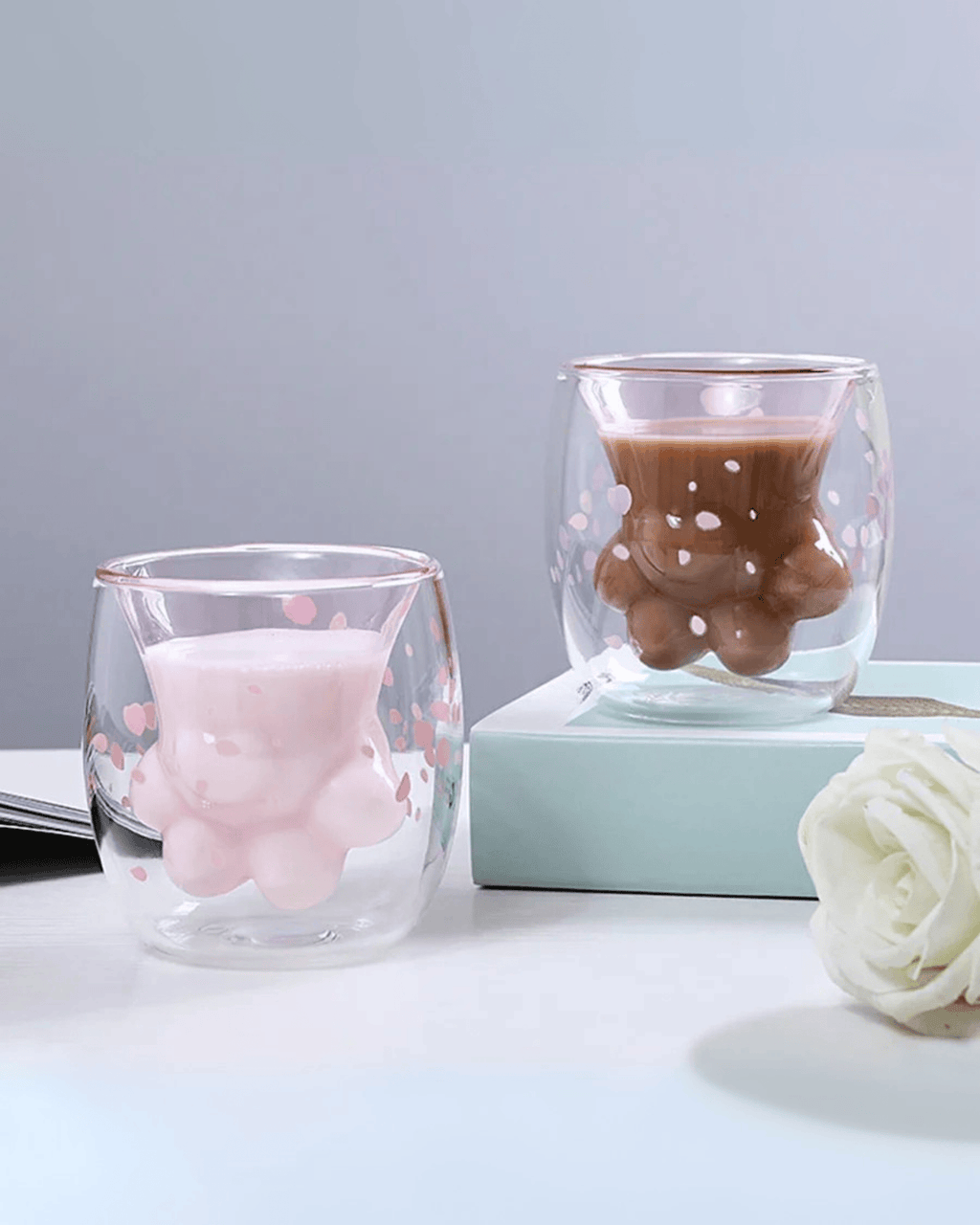 Double-Layered Cat Paw Glass Mug Sakura Petal Design
