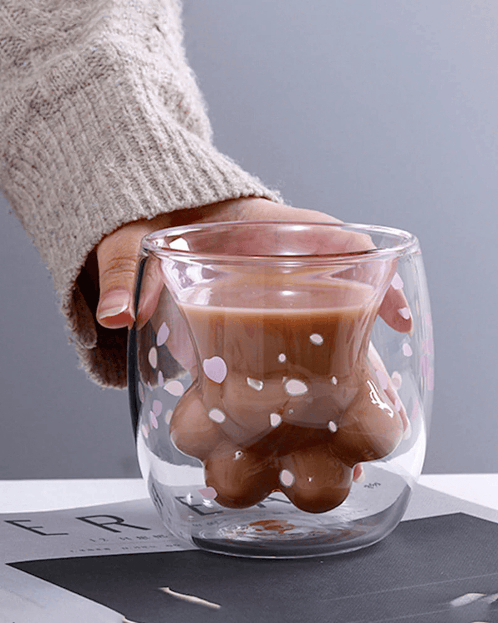 Double-Layered Cat Paw Glass Mug Sakura Petal Design