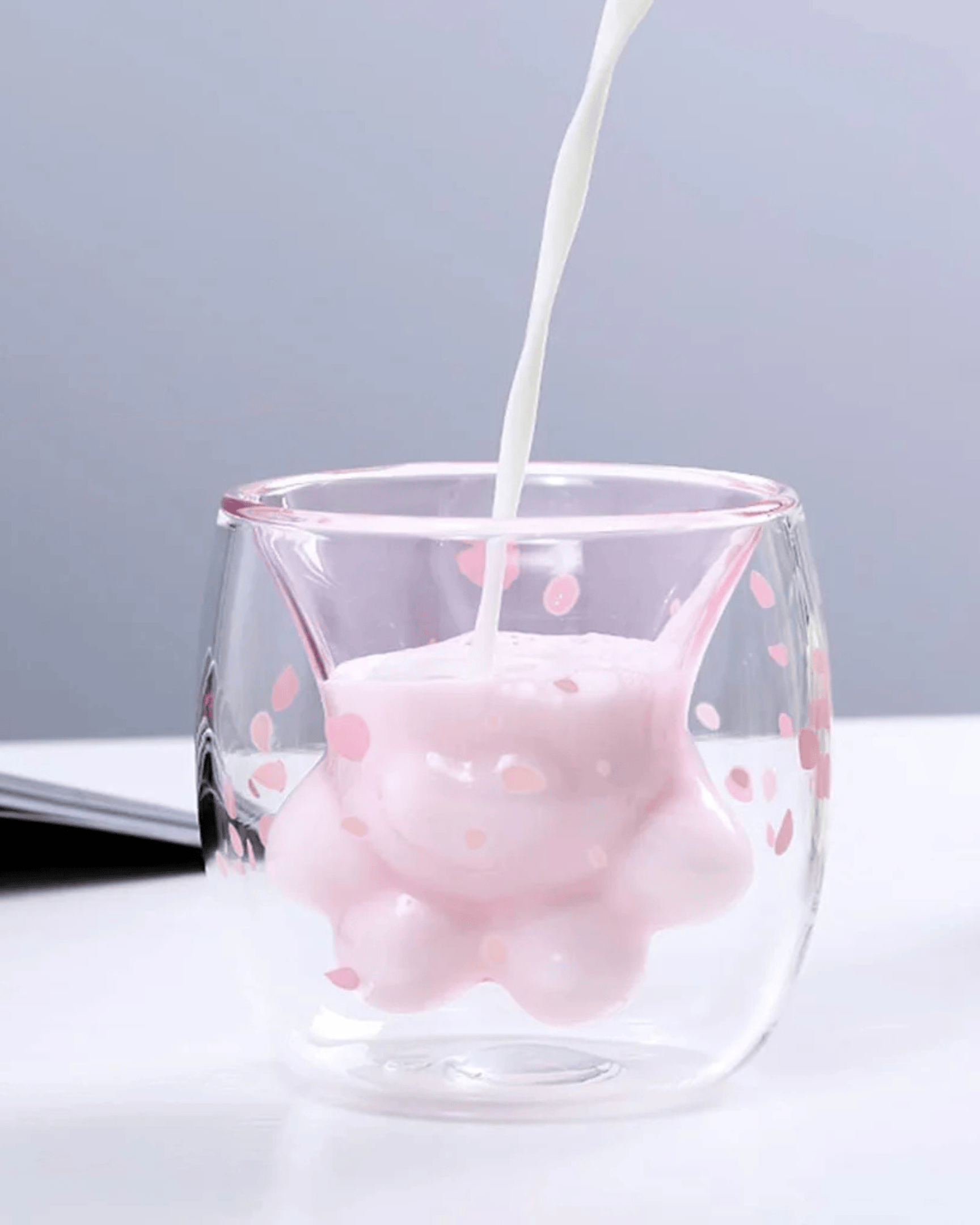 Double-Layered Cat Paw Glass Mug Sakura Petal Design