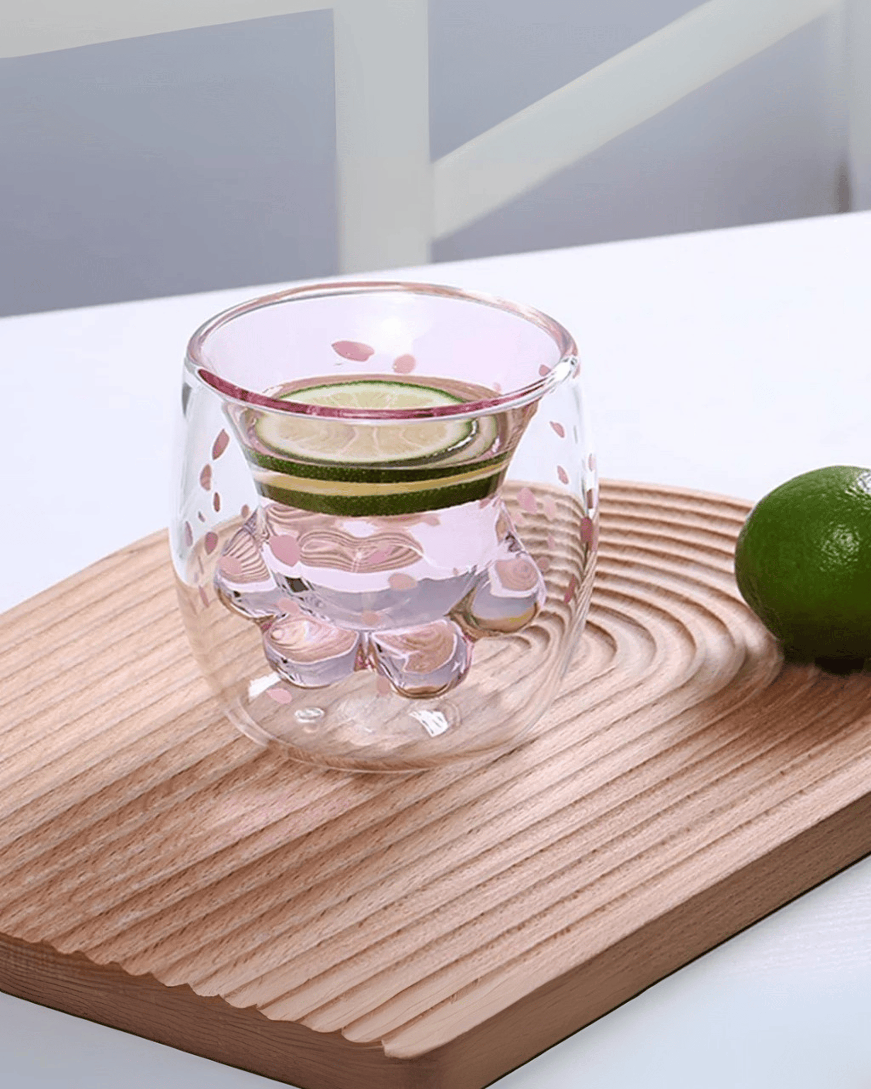 Double-Layered Cat Paw Glass Mug Sakura Petal Design