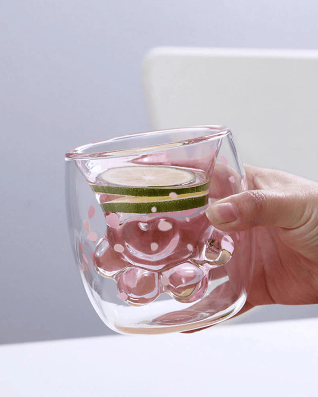 Double-Layered Cat Paw Glass Mug Sakura Petal Design
