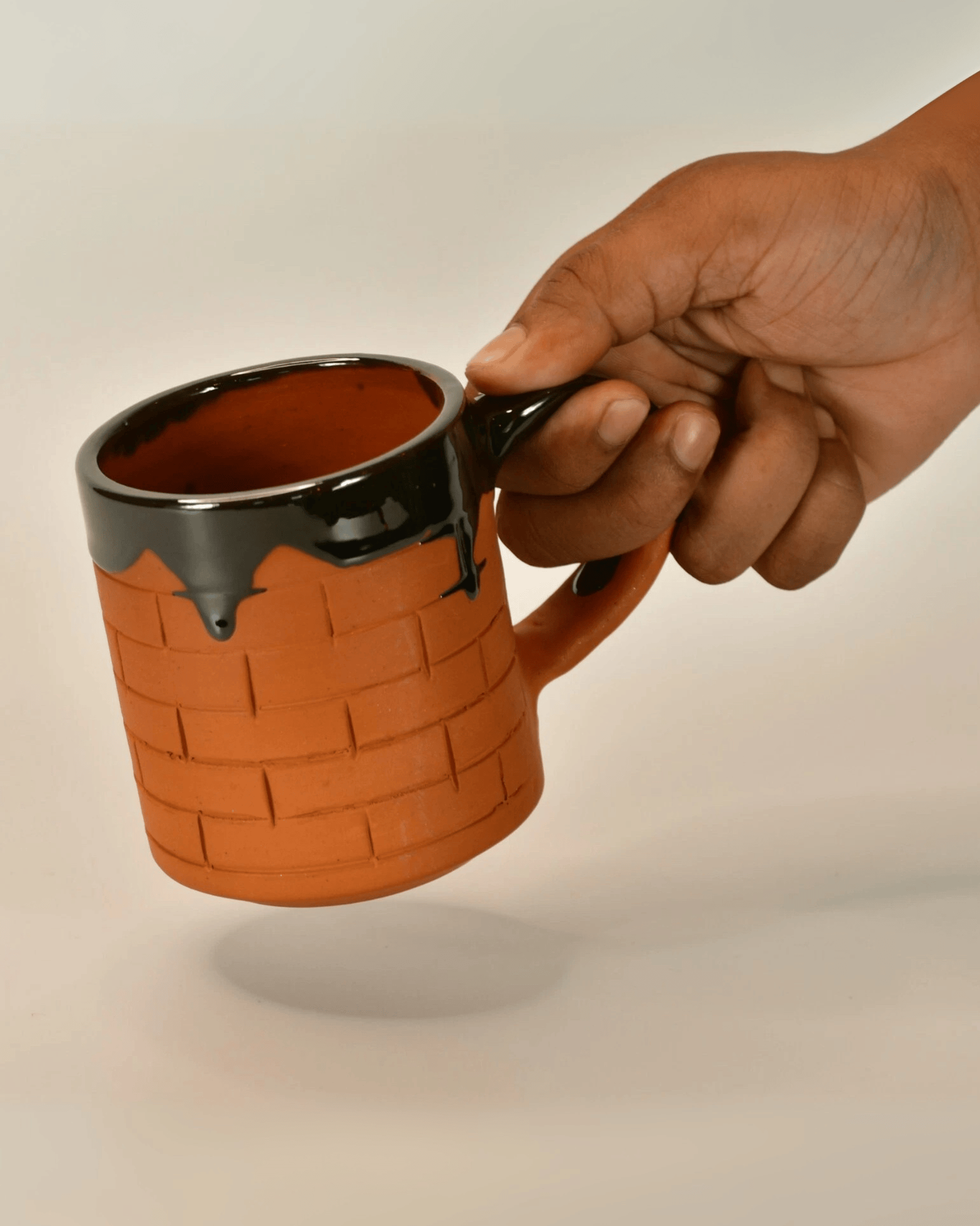 Rustic Brick Texture with Gloss Black Drip Glaze Terracotta Mug