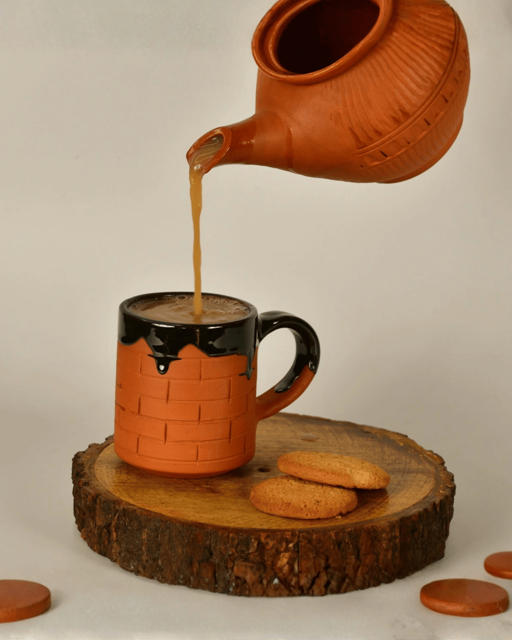 Rustic Brick Texture with Gloss Black Drip Glaze Terracotta Mug