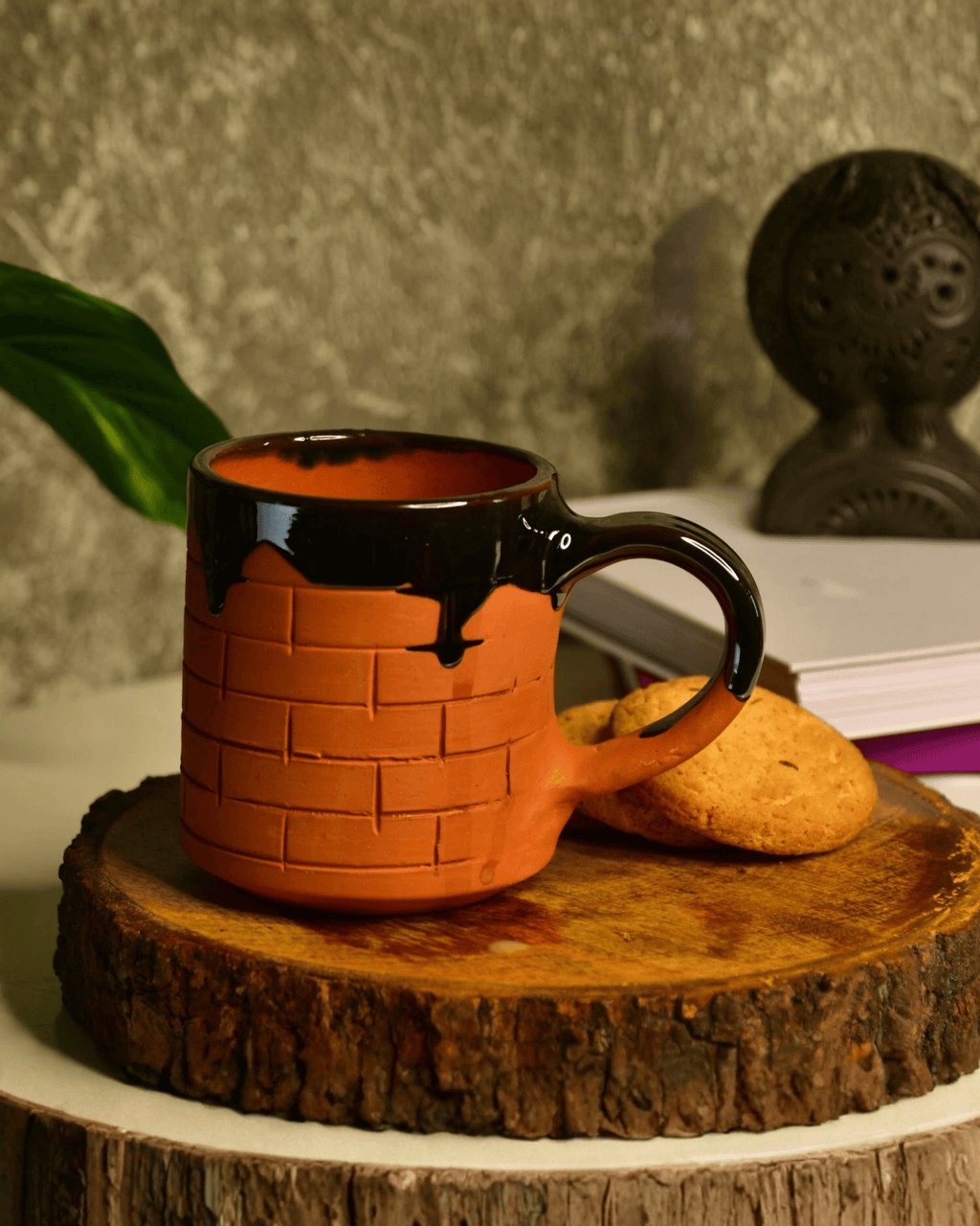 Rustic Brick Texture with Gloss Black Drip Glaze Terracotta Mug
