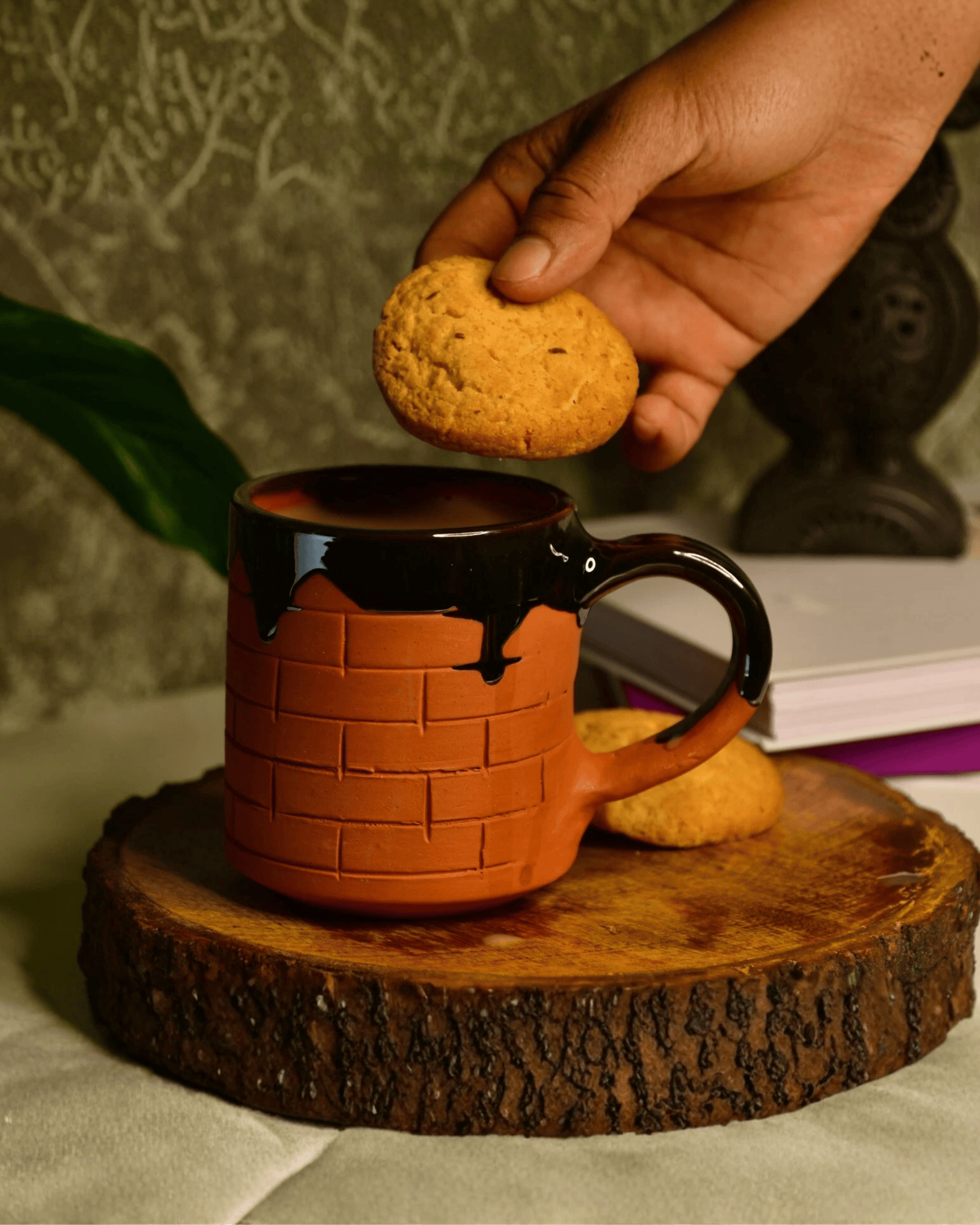 Rustic Brick Texture with Gloss Black Drip Glaze Terracotta Mug